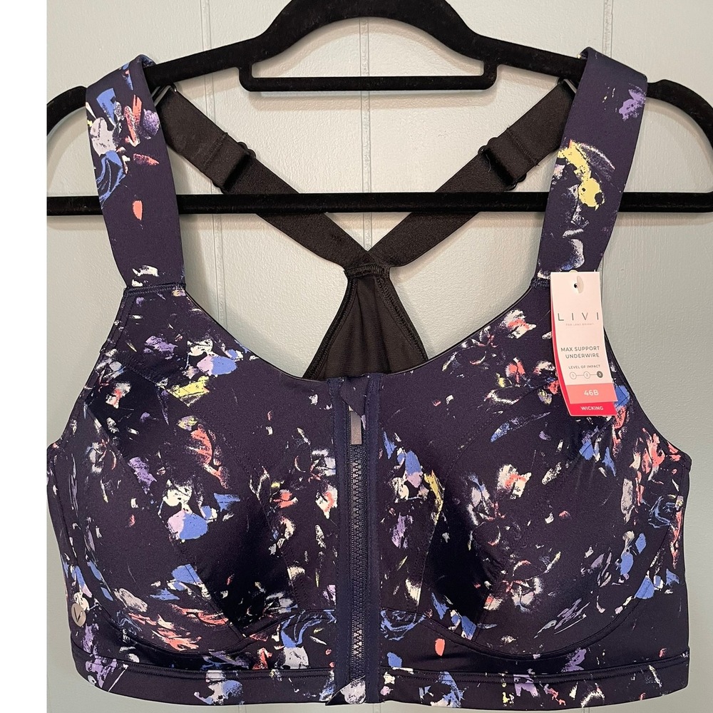 LIVI Lane Bryant 46B Max Support Underwire Floral Print Zip Front Sports Bra NWT